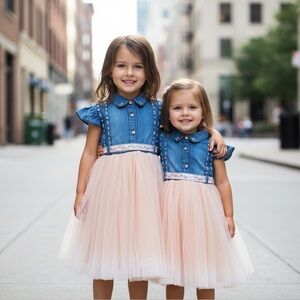 Toddler Girl Bowknot Denim Beige Mesh Tutu Dress
